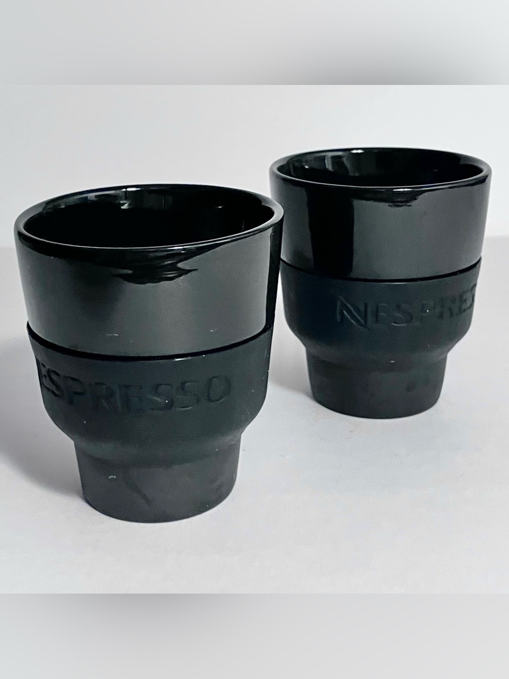 2 NESPRESSO TOUCH Espresso Cups / BLACK PORCELAIN with SILICONE GRIPS / Retired